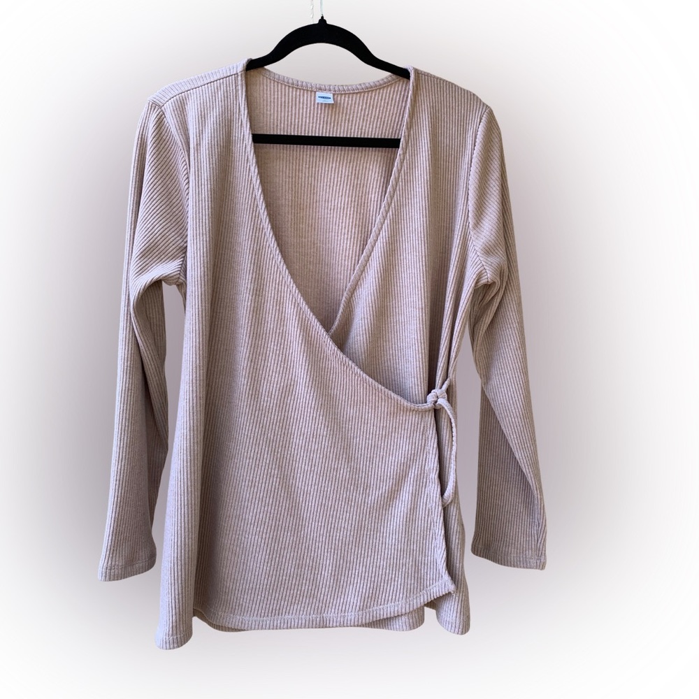 Old Navy Beige Ribbed V-Neck Faux Wrap Womens XL Sweater, Midlength Long Sleeve